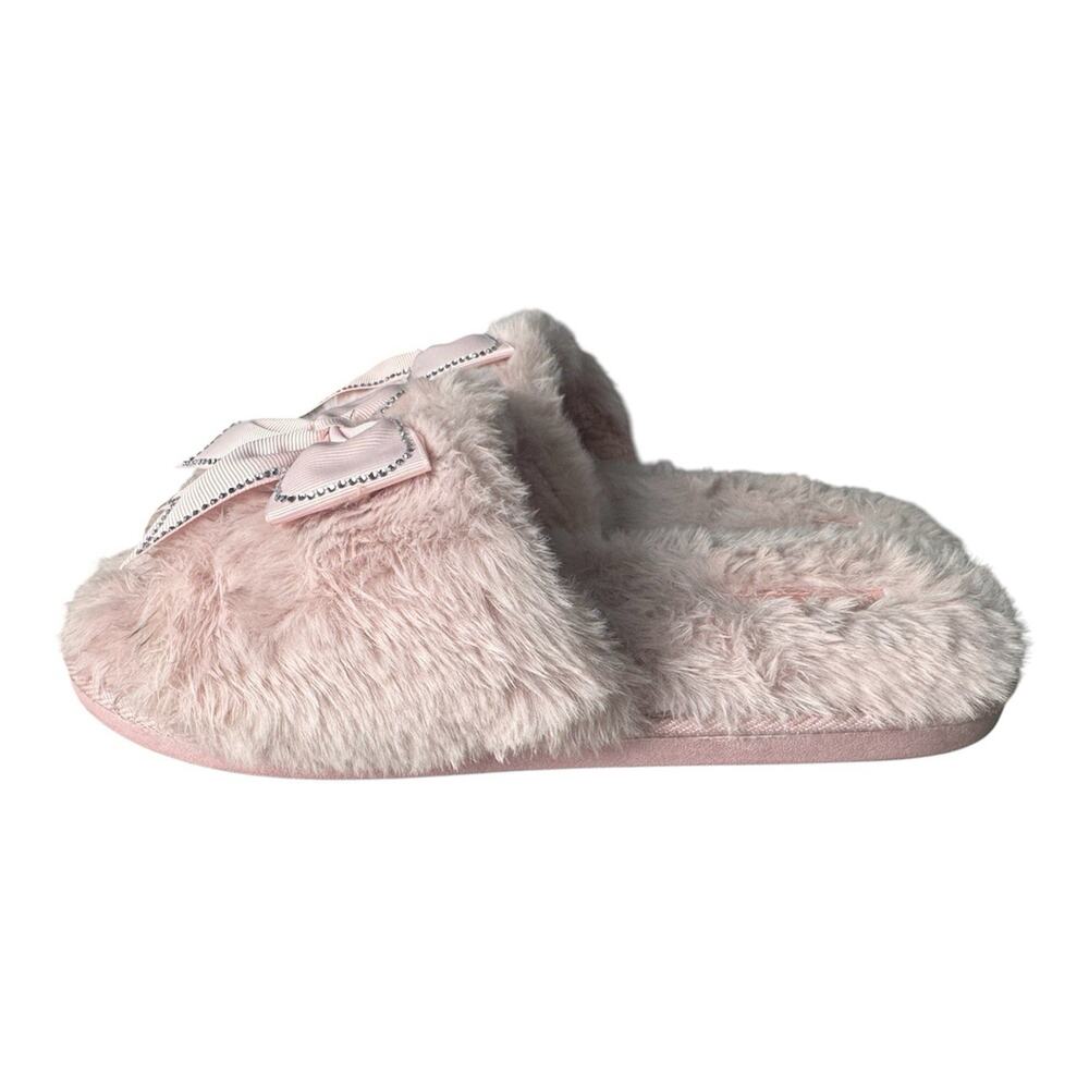 Thalia Sodi Pink Faux Fur Slide Slippers Bow Rhinestone Cozy Coquette Size 9-10 - Picture 3 of 9